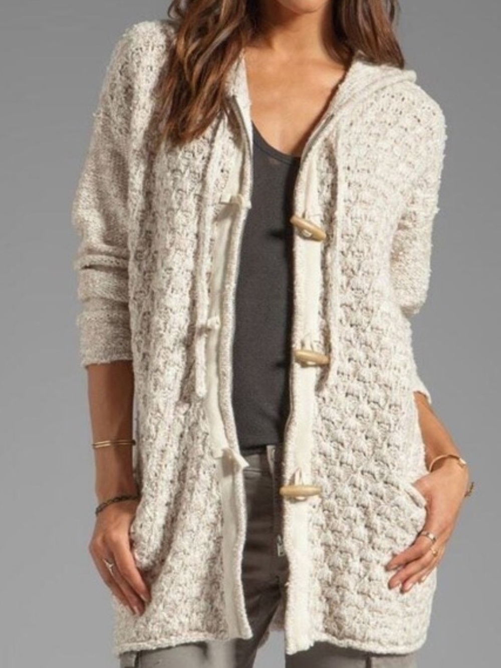 Free People Cream Hooded Toggle Chunky Hooded Cardigan